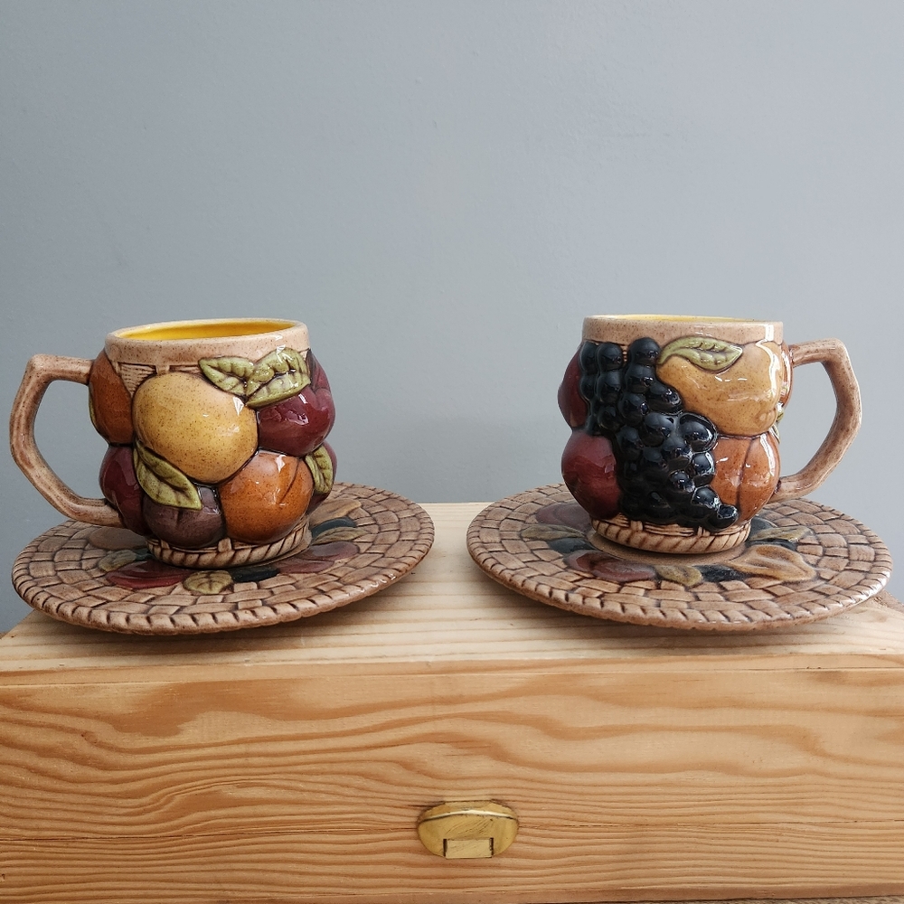 Vintage Fruit Themed Basketweave Mugs With Saucer - Set of 2